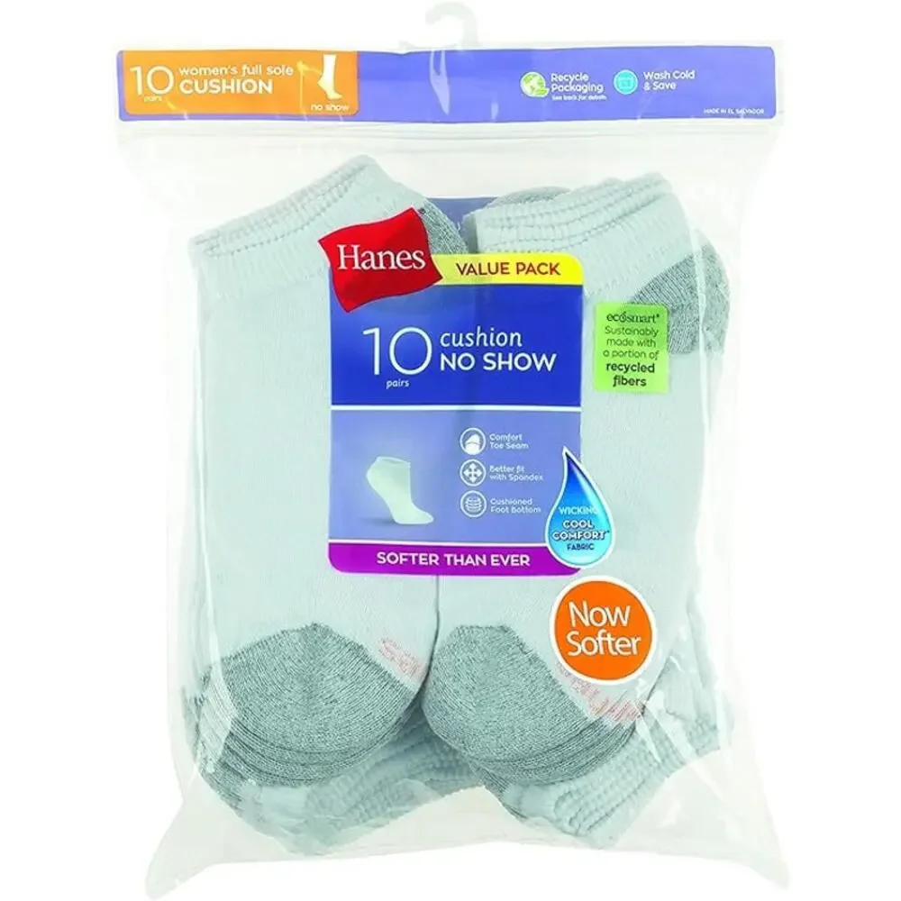 New 10 Pack Hanes Womens Size 8-12 No Show Soft Moisture Wicking Socks